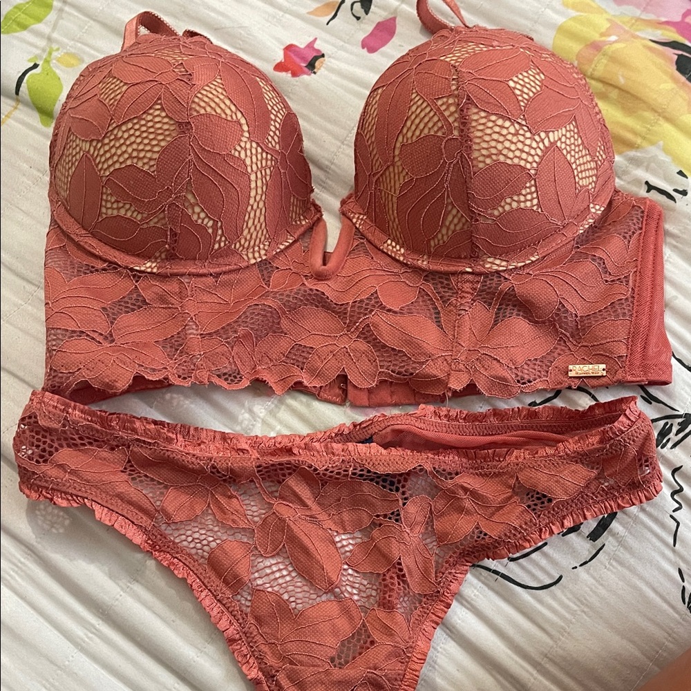 New Without Tags RACHEL Rachel Roy Coral Lace Bralette and Bikini Set
